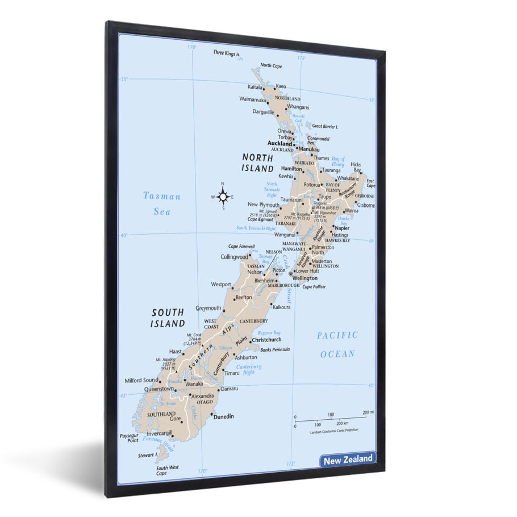 MuchoWow Gerahmtes Poster Eine Illustration der Karte von Neuseeland 30x40 cm - Poster mit Schwarzem Bilderrahmen Wandposter Rahmen Foto Bilder -...