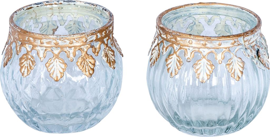 2er Set Glas Windlichter H5cm Klar Gold Teelichthalter Produktbild 