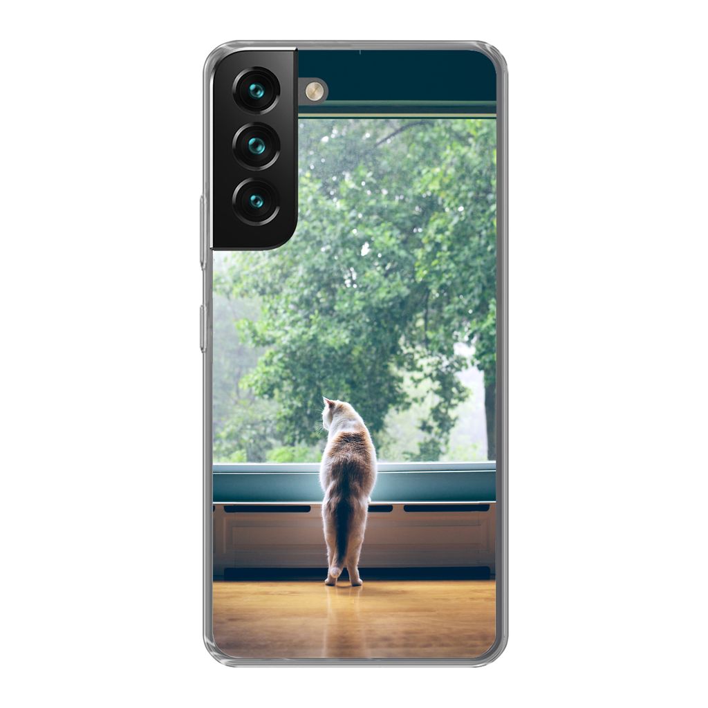 MuchoWow Handyhülle Schutzhülle Hülle für Samsung Galaxy S22 Katze - Fenster - Pflanzen Silikon Softcase Handy Hülle - Mobiltelefonhülle