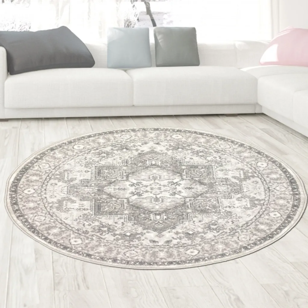 Tapis de chambre rond gris 120cm style oriental relaxant et moelleux