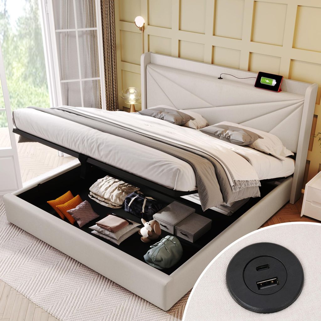 OKWISH Lit coffre 160 x 200 cm – Sommier à lattes et 2 Image du produit 