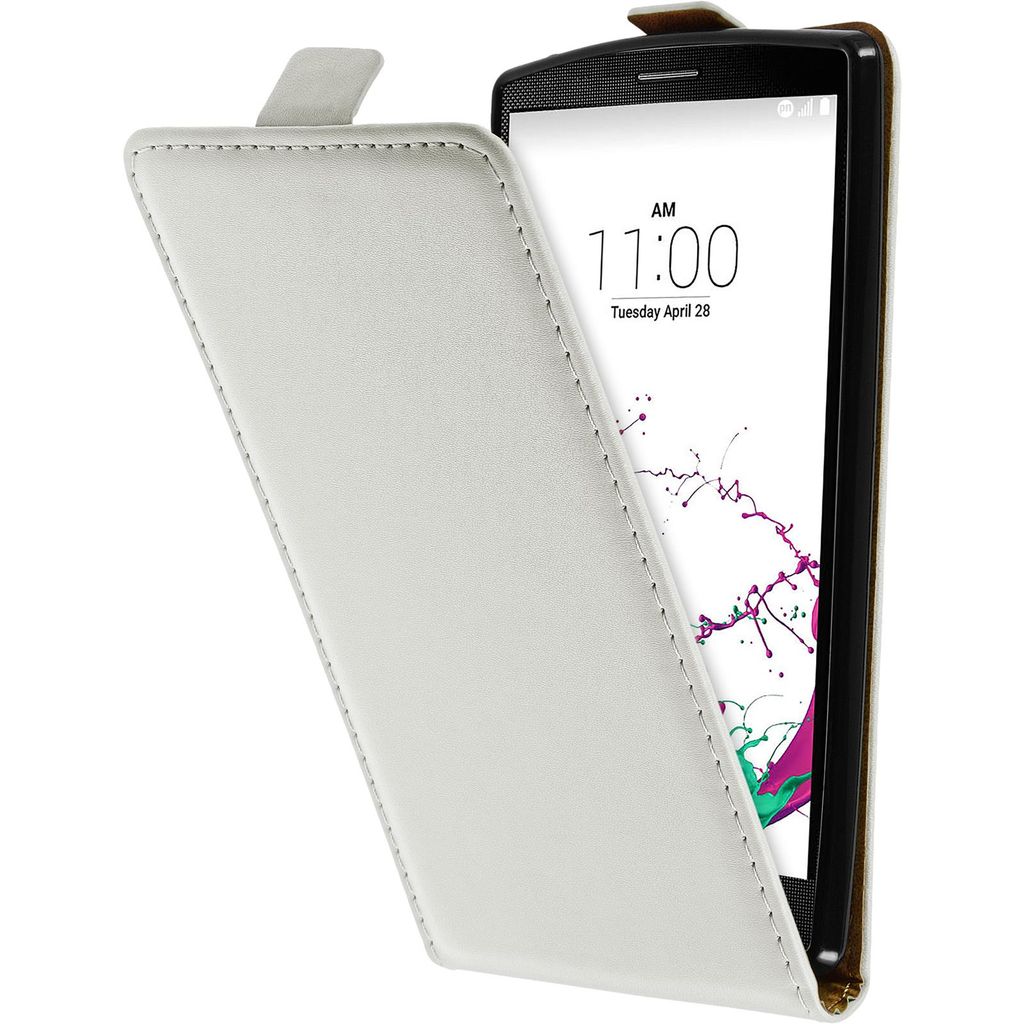 PhoneNatic Kunst-Lederhülle kompatibel mit LG G4s / G4 Beat - Flip-Case weiß + 2 Schutzfolien