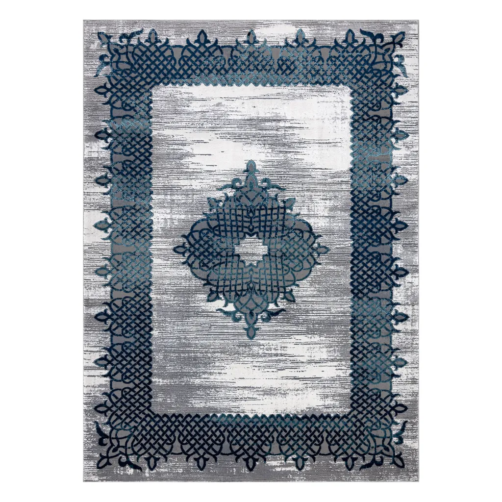 Tapis Bleu Gris Structure Double Niveau Relief Rosette 120x170 cm - 3