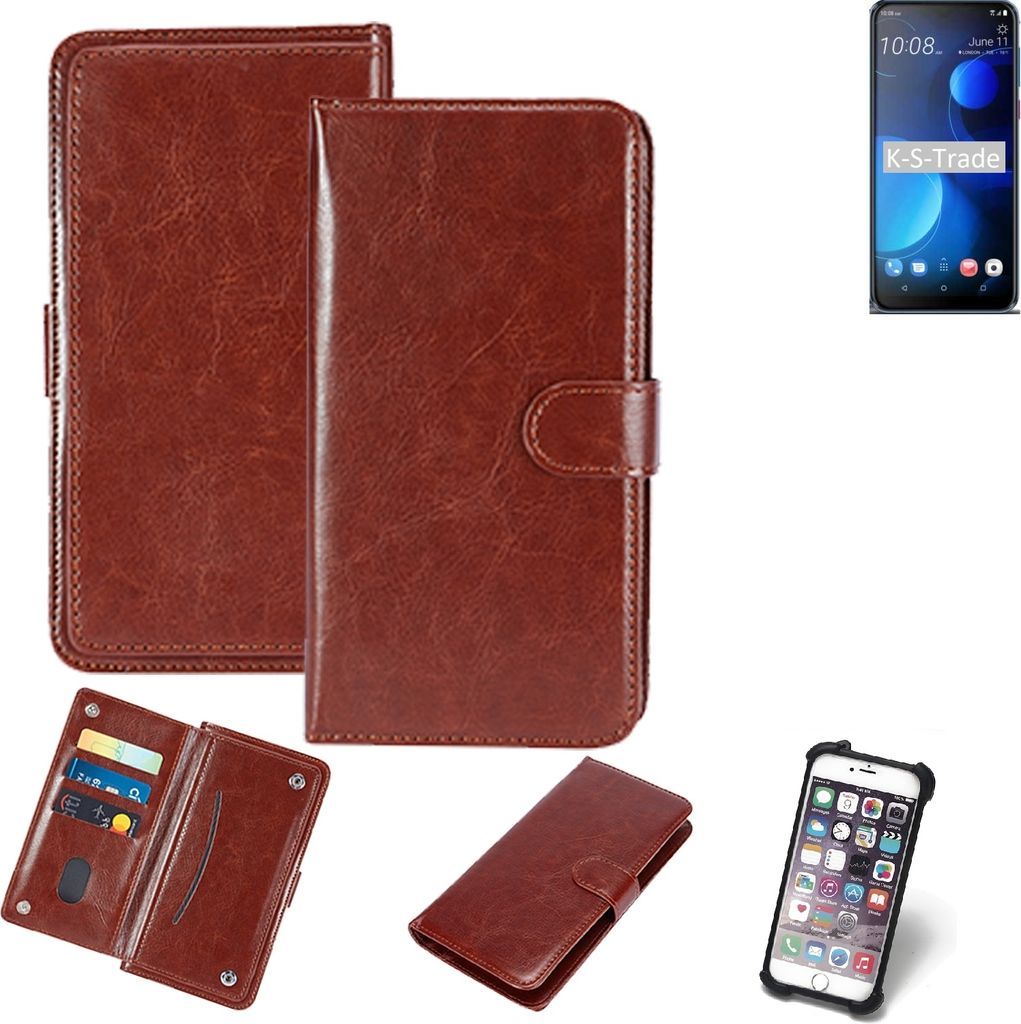 K-S-Trade 360° Hülle kompatibel mit HTC Desire 19 Plus braun Kunstleder Case BookCase WalletCase Kunstlederederhülle Handyhülle, Rundumschutz
