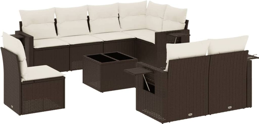 9-tlg. Garten-Sofagarnitur mit Kissen Braun Poly Rattan