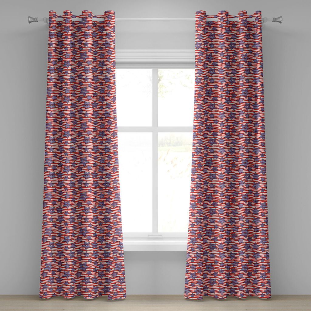 ABAKUHAUS 4. Juli Ösenvorhang, Wellenförmige Streifen der Freiheit und Sketch Style Stars American Flag Motive, Dekorative 2-Panel-Fenstervorhän...