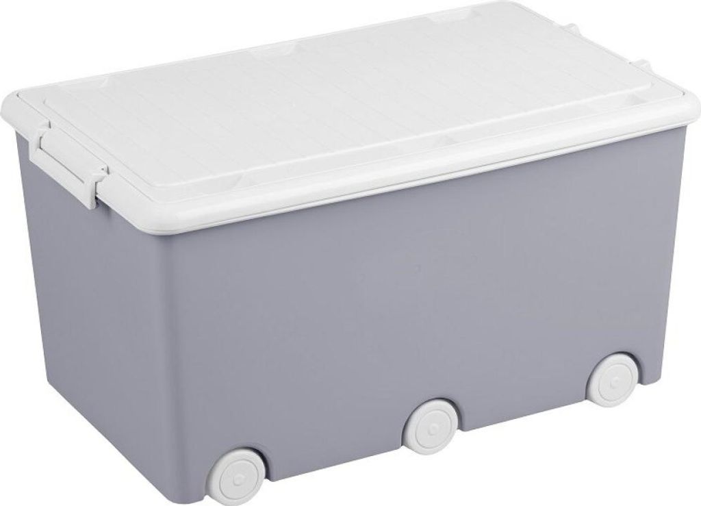 A grey toy box with a white lid and wheels, shown from a slight angle against a white background.