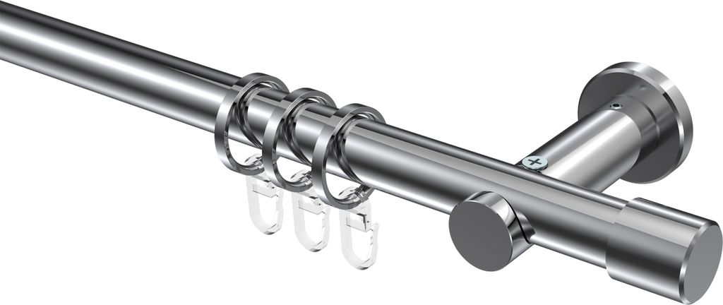 Interdeco Gardinenstange / Vorhangstange Chrom, Typ Platon Santo (Kappe), 20 mm Ø 1-läufig, 140 cm