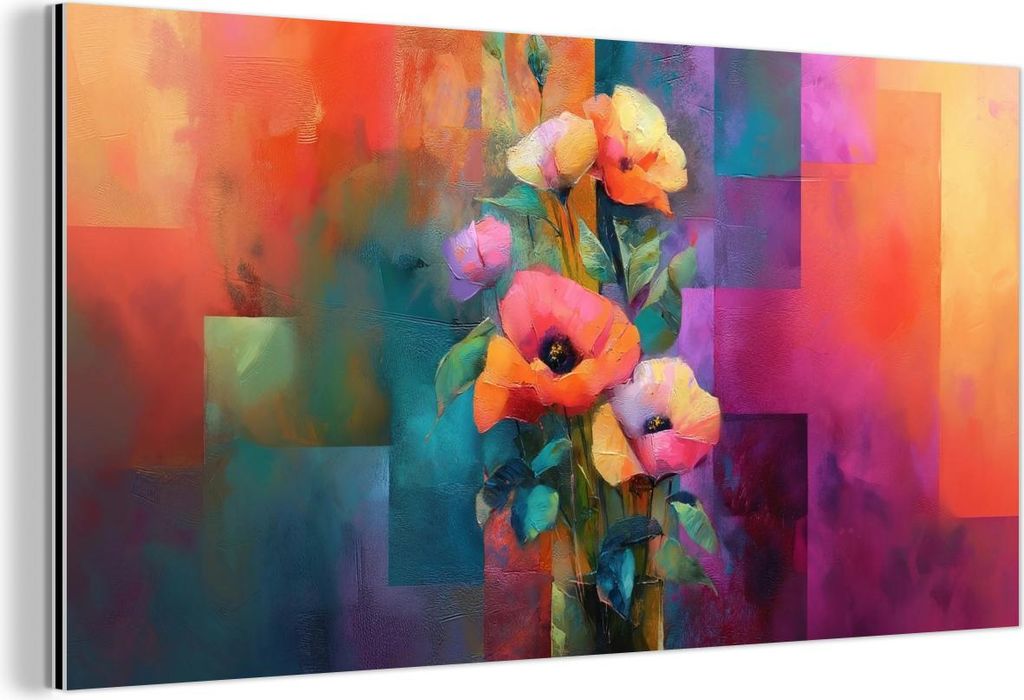MuchoWow Wanddekoration Metall Metallbild Wandkunst 40x20 cm Geometrische Farbblätter - Modern - Fantasieblumen MuchoWow Aluminium Gemälde - Bild...