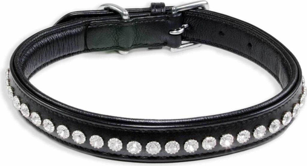 Monkimau Halsband Hund echt Leder Hunde Halsbänder schwarz gepolstert mit Kristallen Lederhalsband verstellbar Dog Collar Hundehalsband Größe L-M