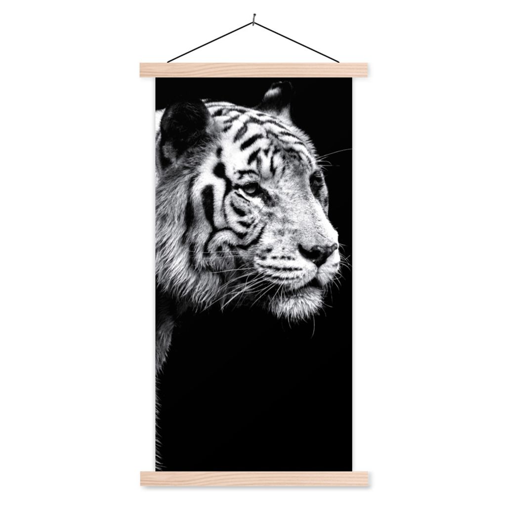 MuchoWow Textilposter Tierprofil Tiger in schwarz und weiß 40x80 cm mit holzfarbenen Rahmen - Wohnzimmer