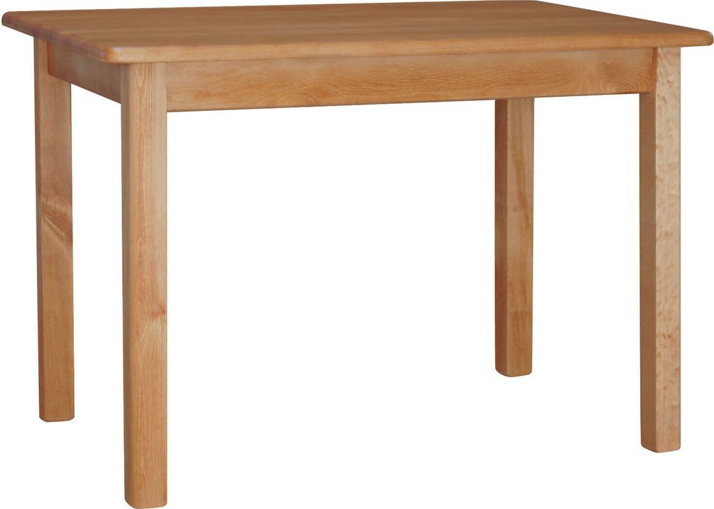 A simple wooden table with four legs on a white background.