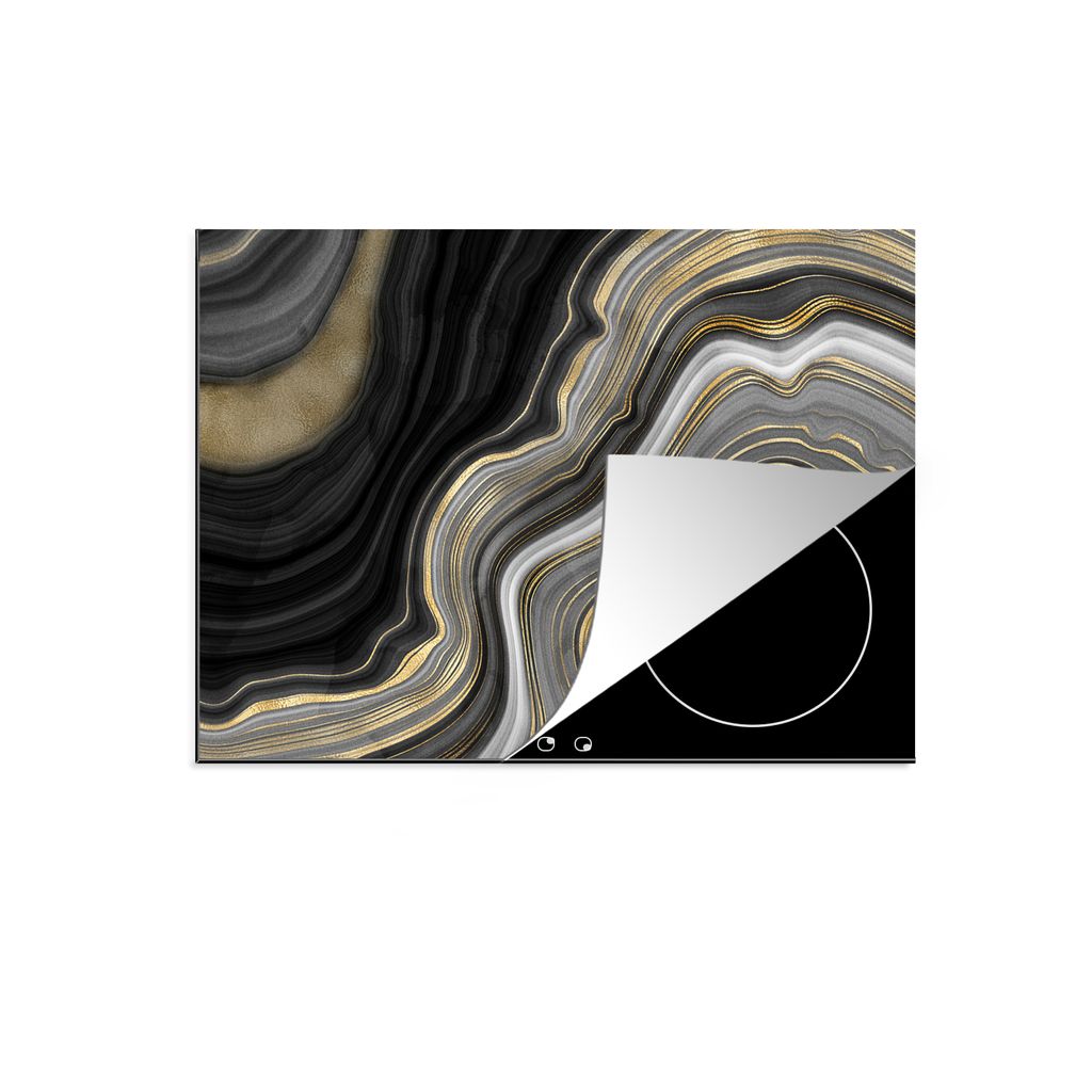 KitchenYeah Herdabdeckplatte Marmor - Stein - Achat - Schwarz und Gold , 60x52cm, Küche Deko, Glaskeramikkochfeld Herdabdeckung, Abdeckplatte f...