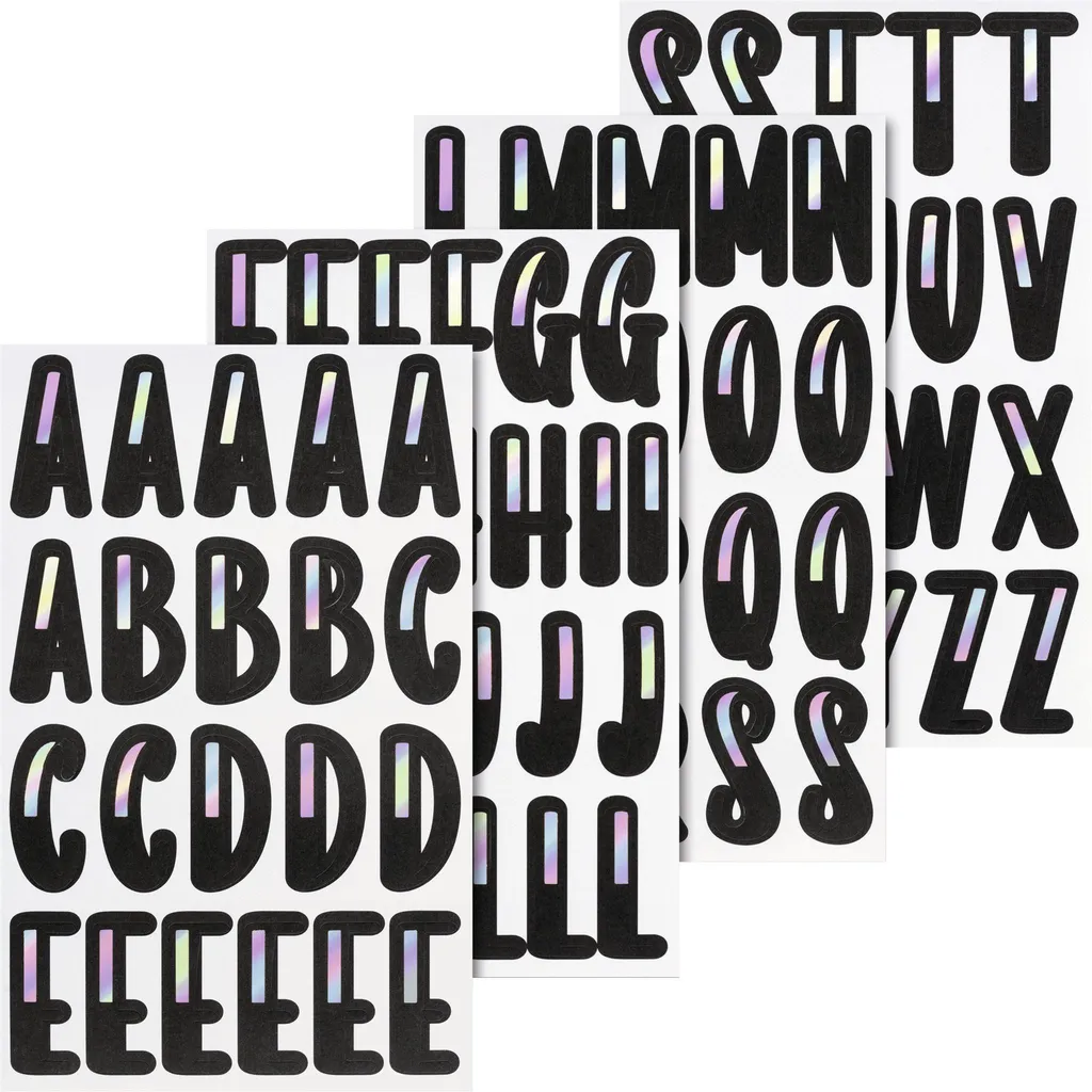 Autocollants Alphabet 100x190 mm Noir et Argent Irisé - Lot de 4 Feuilles