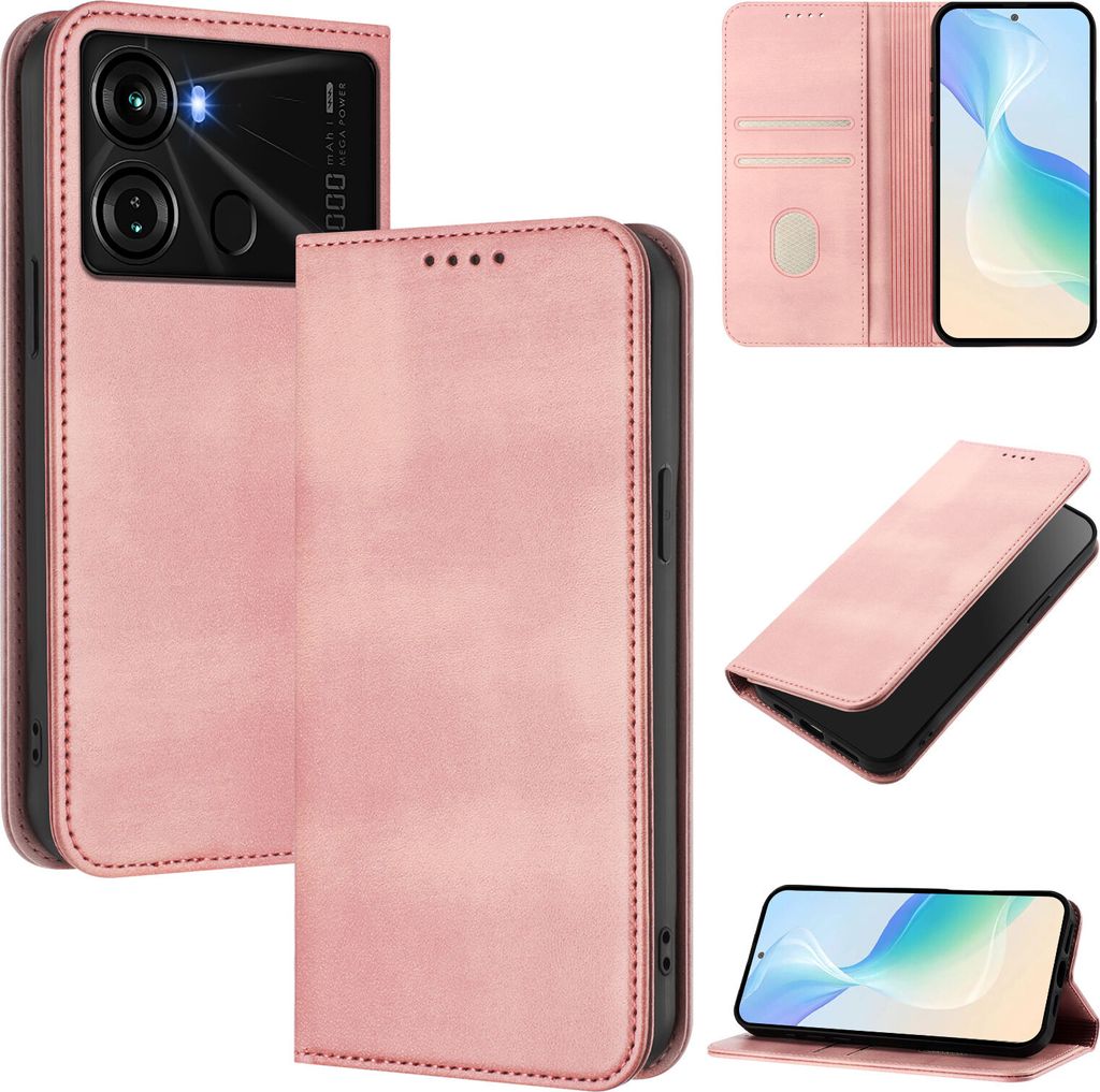 Handyhülle für itel P40, Vintage Leder RFID Schutz Kartenfach Standfunktion Magnetische Klapphülle Pink