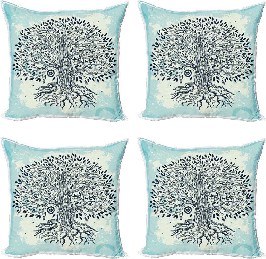 ABAKUHAUS asiatisch Kissenbezug Set (4 Stück), Chinese Bonsai Roots, Moderner Doppelseitiger Digitaldruck, 60 cm x 60 cm, Indigo Creme Blassblau