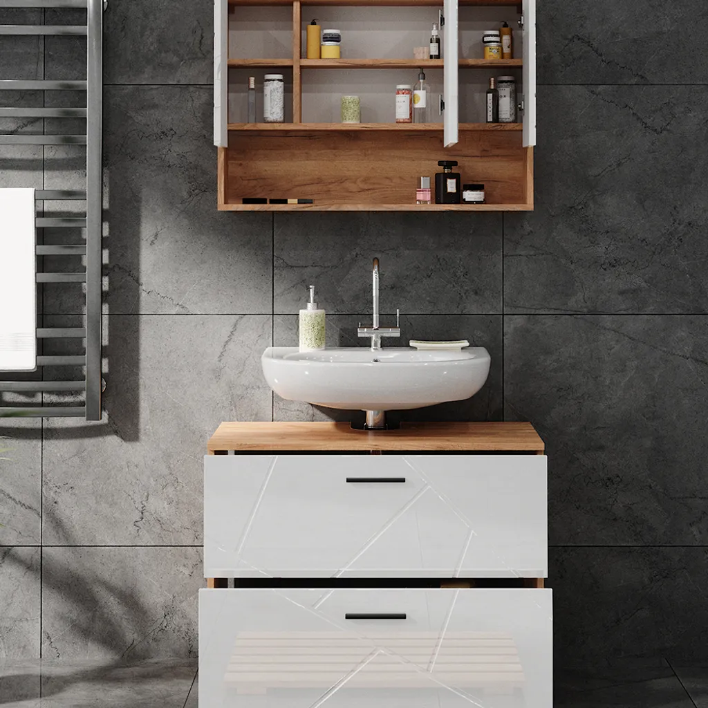Ensemble Vicco Irma Blanc Brillant Chêne Doré : Meuble 80cm Design Moderne