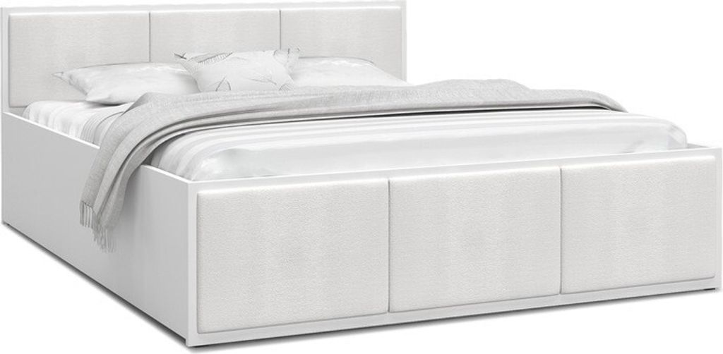 A white bed with a headboard and storage drawers, shown from a slightly elevated side angle.