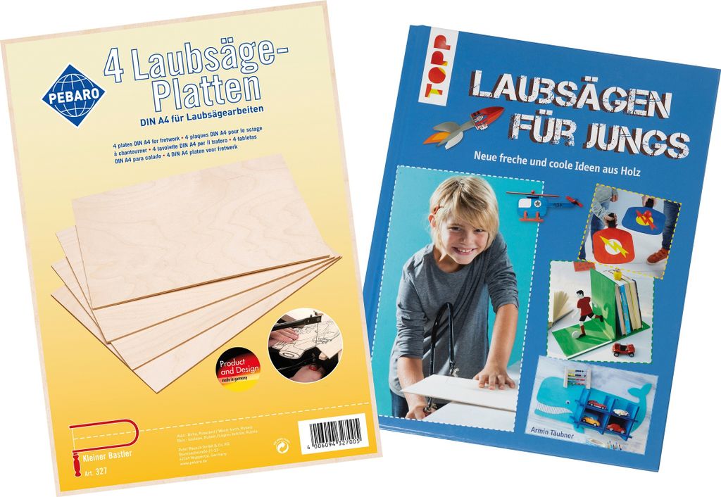 Pebaro 4 Laubsägeplatten aus Birkenholz mit Laubsägebuch, 327/BUCH