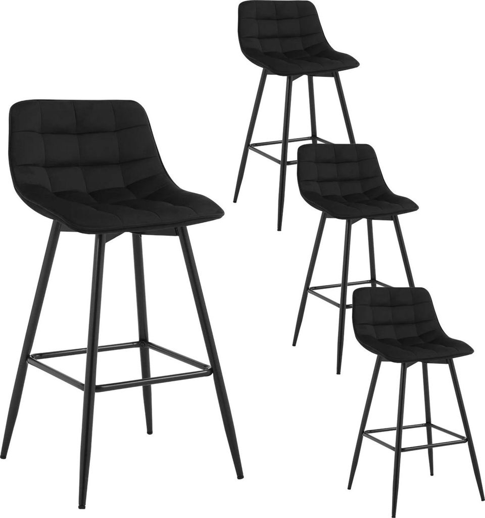 4er Set Barhocker - Tresenhocker mit Rückenlehne - Samt, Metallgestell, Fußstütze, Sitzhöhe 64 cm, Verstellbare Füße - Schwarz
