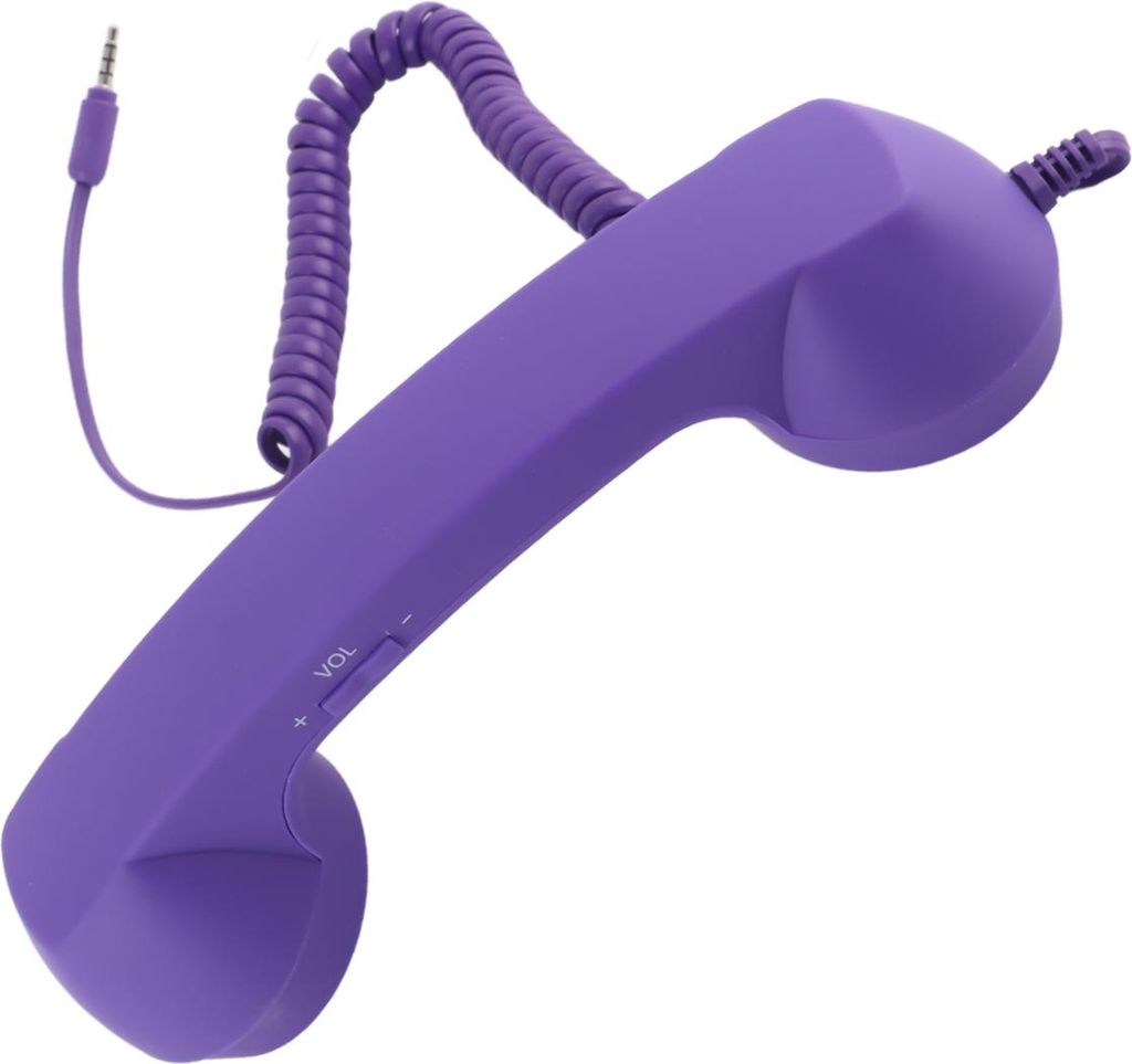 A purple retro-style handset is shown against a white background.