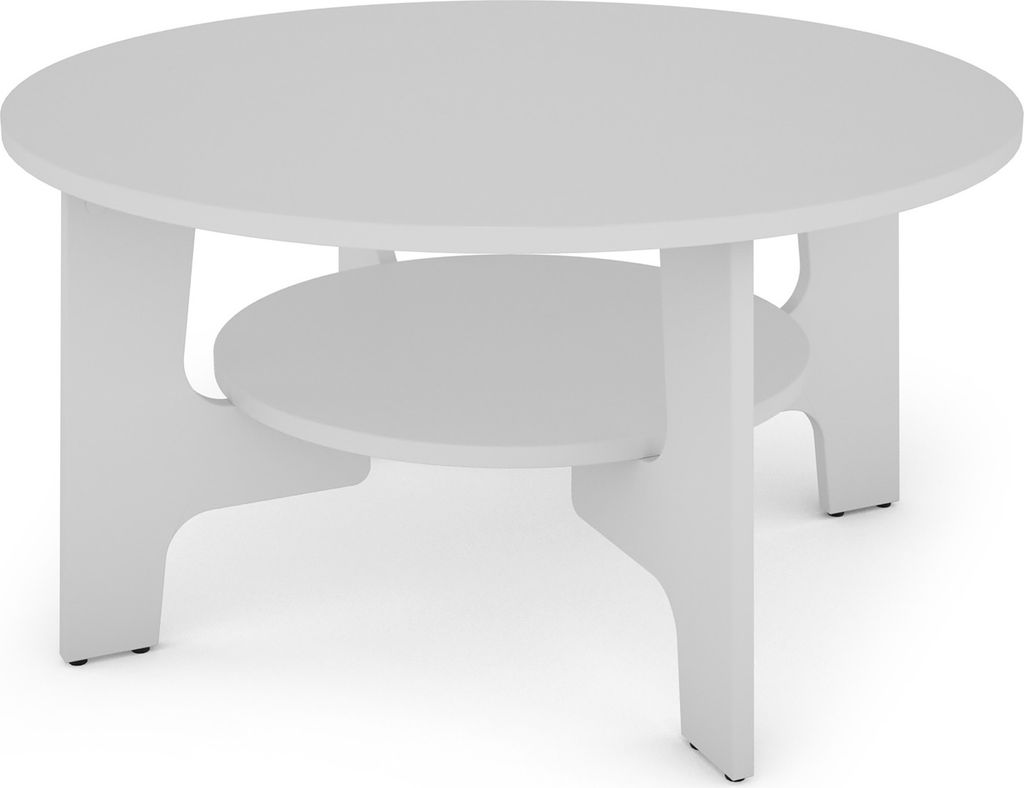 A white round coffee table with a lower shelf, shown from a three-quarter angle against a white background.