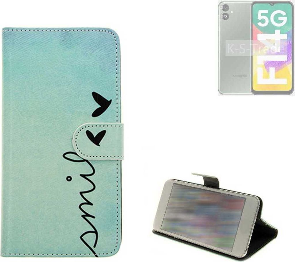 K-S-Trade Schutz Hülle Handy Hülle kompatibel mit Samsung Galaxy A14 Hülle Handyhülle cover bookstyle Etui Handyhülle “smile“ türkis