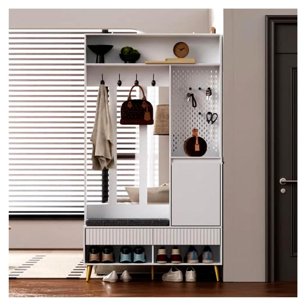 Flurgarderobe Garderobenset Weiß mit Schuhbank und Tür - Multifunktionale 100 cm Breite, inkl. 4 Haken, 2 Schubladen und gepolsterter Bank, kompa...