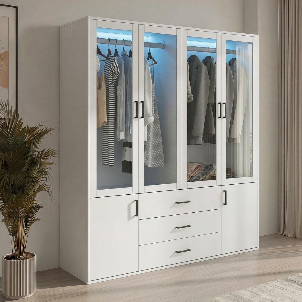 Kleiderschrank 160cm mit 4 Glastüren LED Beleuchtung Produktbild 