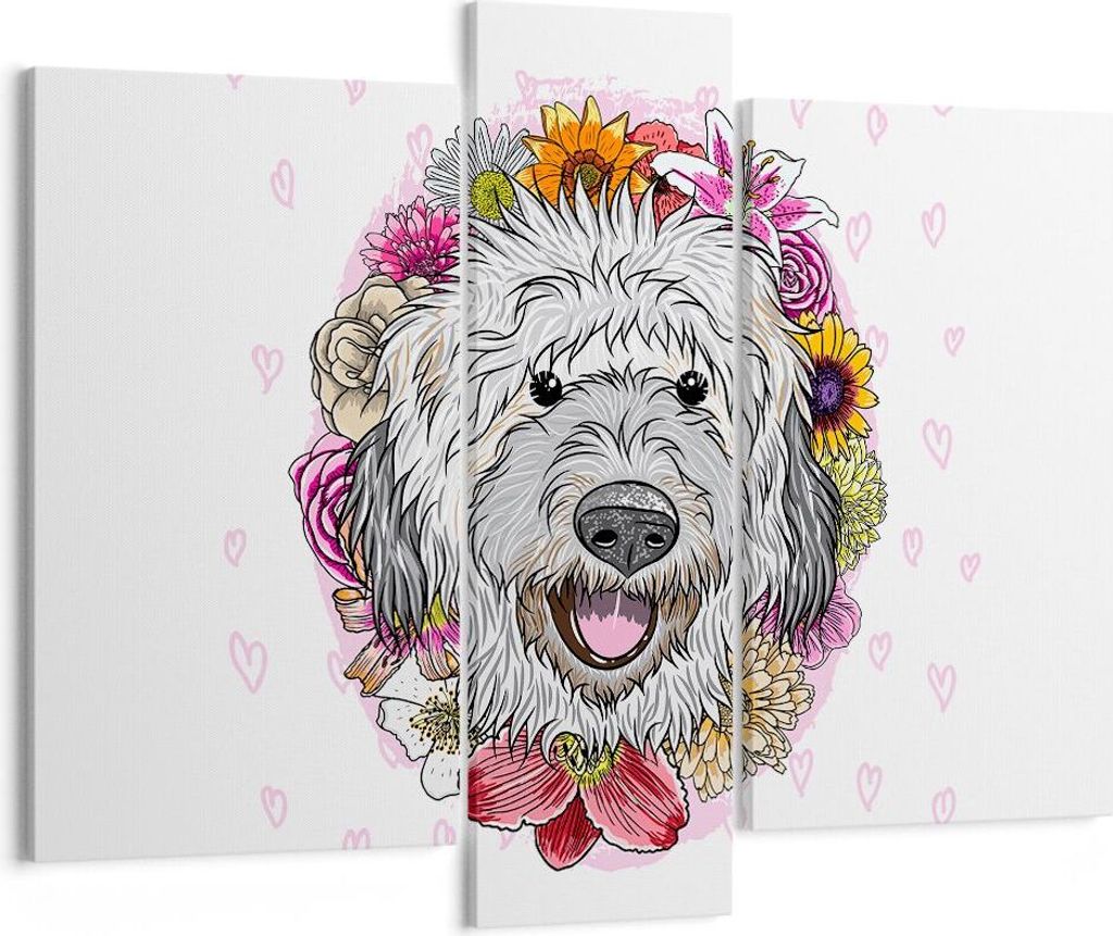 Bild auf Leinwand - Leinwandbild - Hund Blumen Kinder exotische - 95x80cm - Wand Bild - Wanddeko - Leinwanddruck - Bilder - Kunstdruck - Wanddekora...