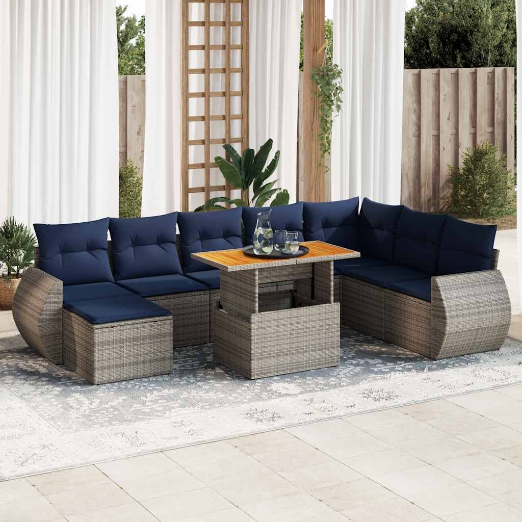 Möbel 9-tlg. Garten-Sofagarnitur mit Kissen Grau Poly Rattan - Gartenmöbelgarnituren 3327302