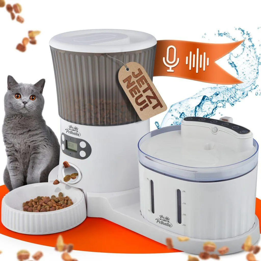 Pethalla 2in1 mangiatoia automatica e fontanella per cani e gatti | Distributore automatico di acqua con filtro e ciotola per il cibo | Fino a 7 giorni di fornitura