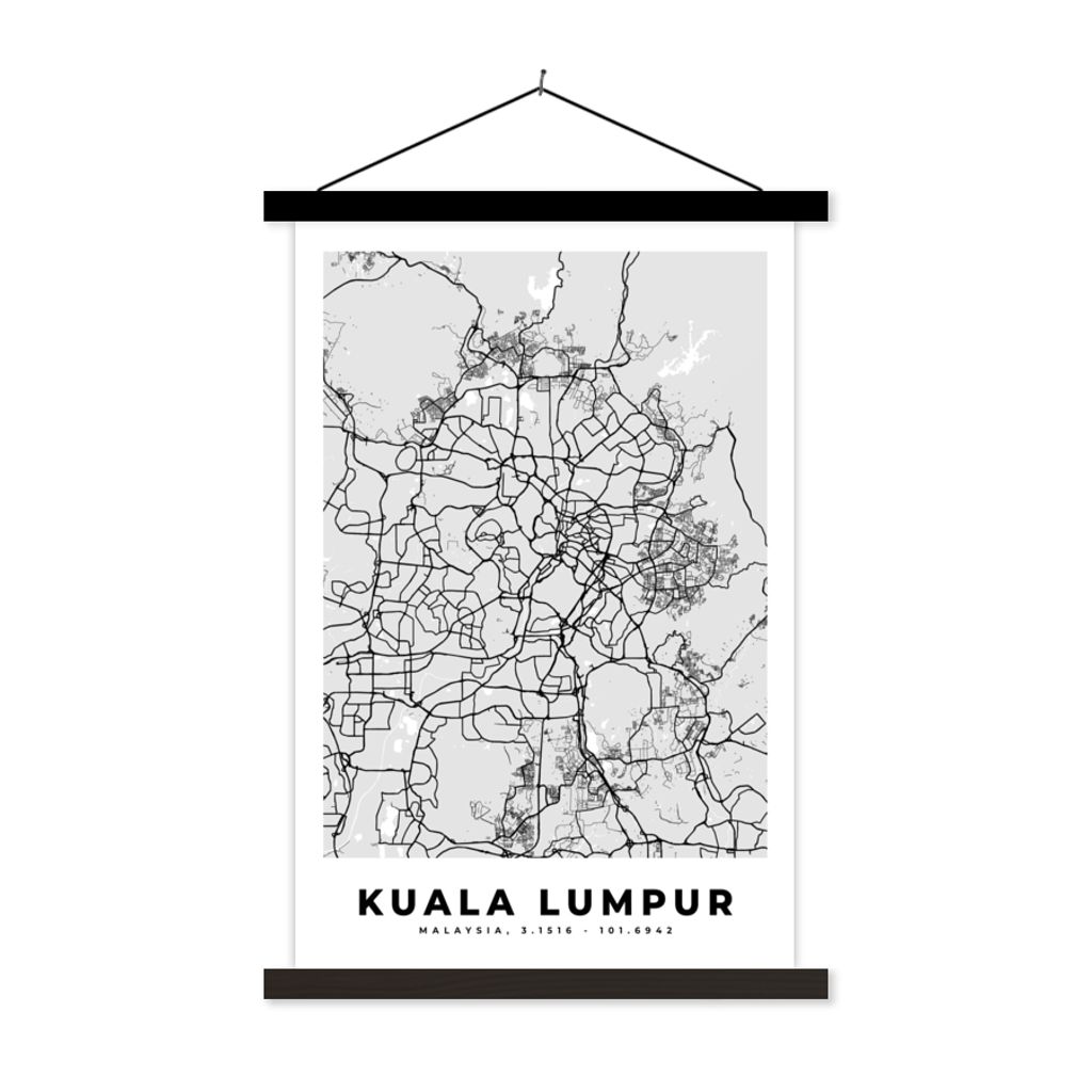 MuchoWow Textilposter Kuala Lumpur - Stadtplan - Schwarz und weiß - Karte 60x90 cm mit schwarzem Rahmen - Poster Wohnzimmer