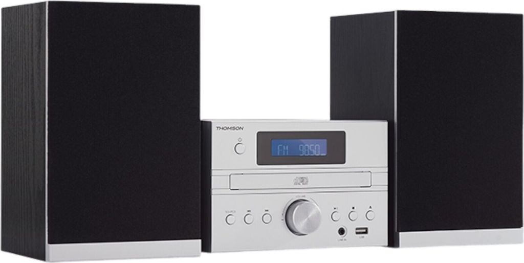 A Thomson micro stereo system with two speakers, a central unit with a CD player and display, and controls.