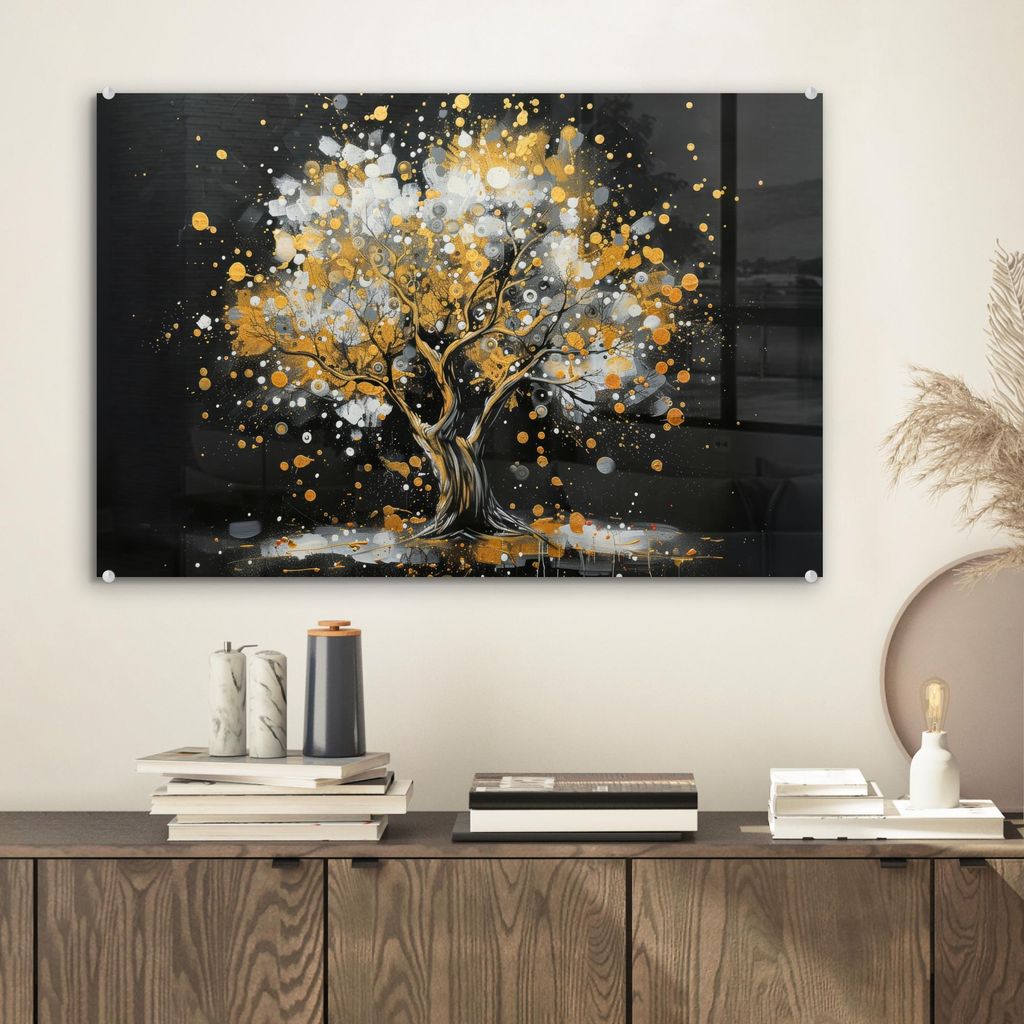 MuchoWow Glasbilder - Bilder auf Wandbild - Foto auf Glas Baum - Schwarz - Gold - Weiß - Modern 60x40 cm Wanddekoration aus Glas - Acrylglasbild -...