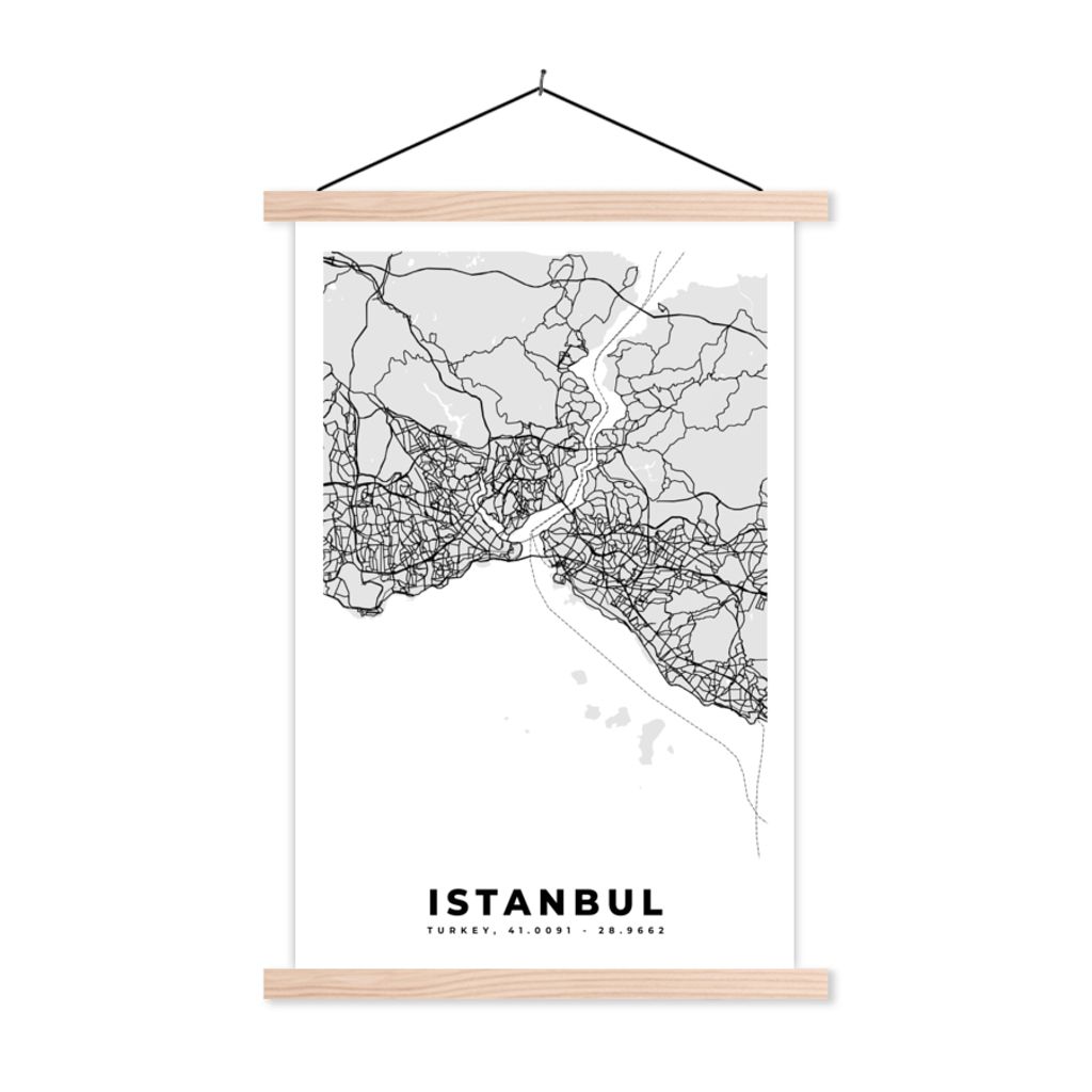 MuchoWow Textilposter Istanbul - Karte - Stadtplan - Schwarz-weiß - Karte 120x180 cm mit holzfarbenen Rahmen - Textil-Plakat