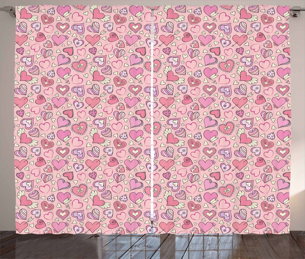ABAKUHAUS Liebe Rustikaler Gardine, Romantisches Doodle Herz, Schlafzimmer Kräuselband Vorhang mit Schlaufen und Haken, 280 x 245 cm, Coral Pink B...