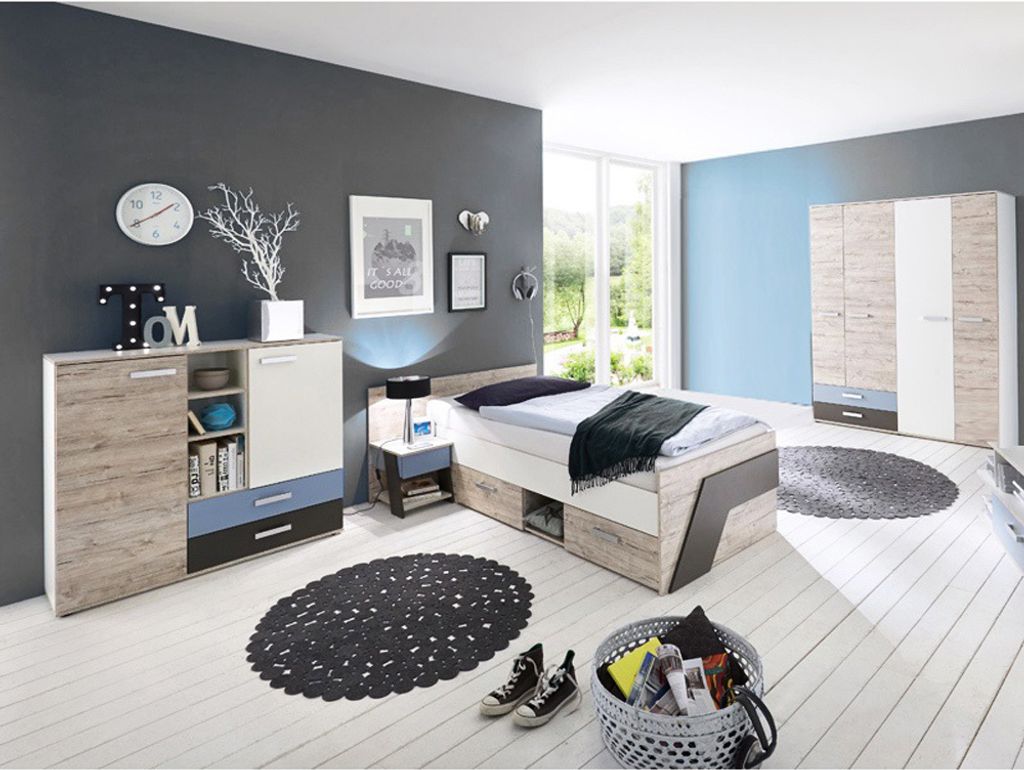 Jugendzimmer Set 4-teilig LEEDS-10 in Sandeiche Nb. mit weiß, Lava und Denim Blau