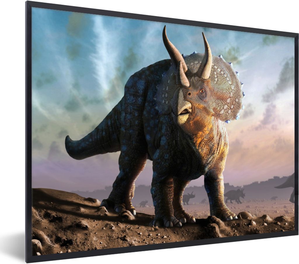 MuchoWow Gerahmtes Poster Dino - Geschichte - Triceratops - Kinder - Kinder - Kleiner Junge 40x30 cm - Poster mit Schwarzem Bilderrahmen Wandpost...