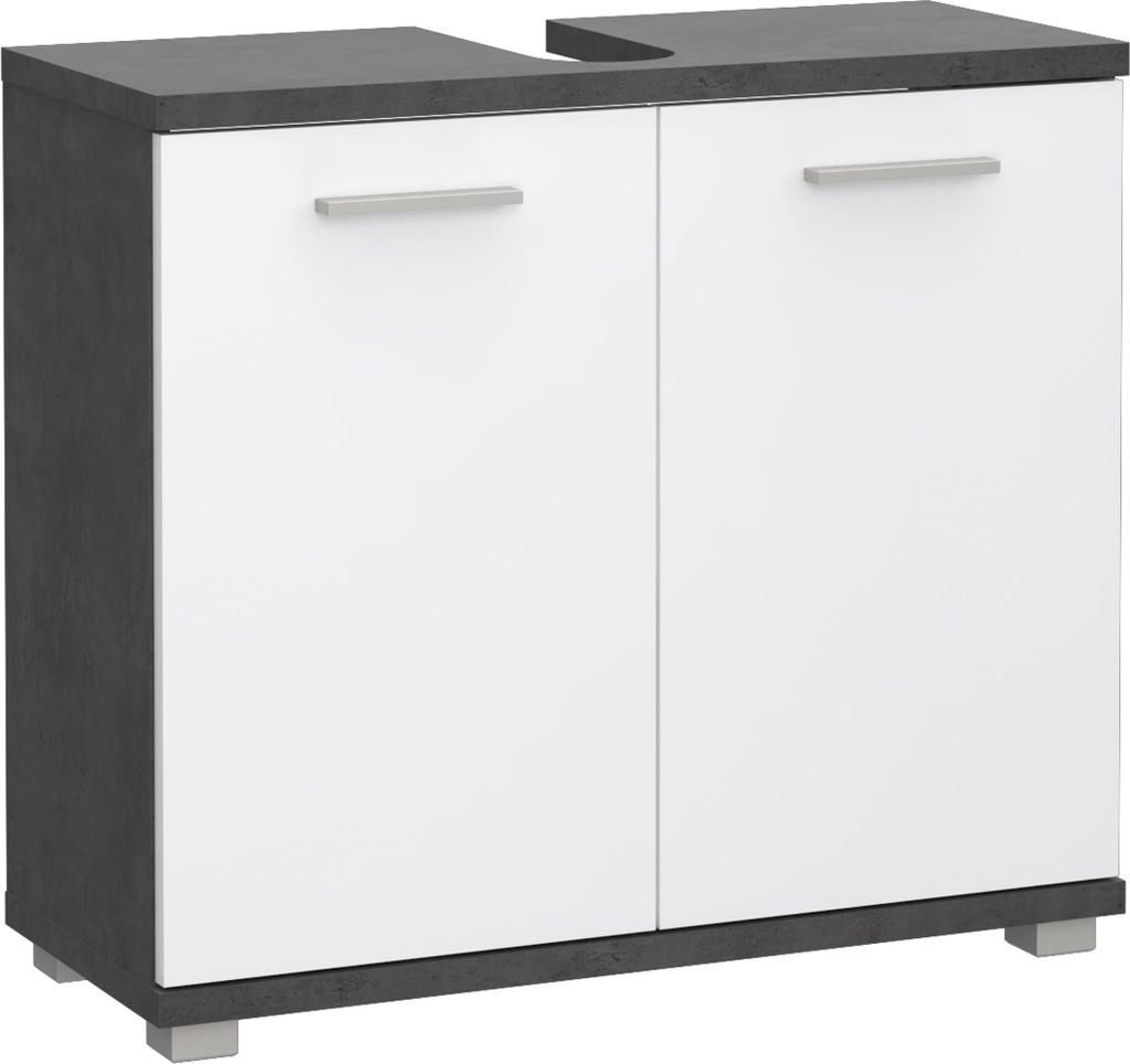 Forte CHAMP Waschbeckenunterschrank 70, moderner Badschrank mit 2 Türen, Aussparung für Siphon, Badezimmer, Weiß Glanz mit Betonoptik Dunkelgrau...