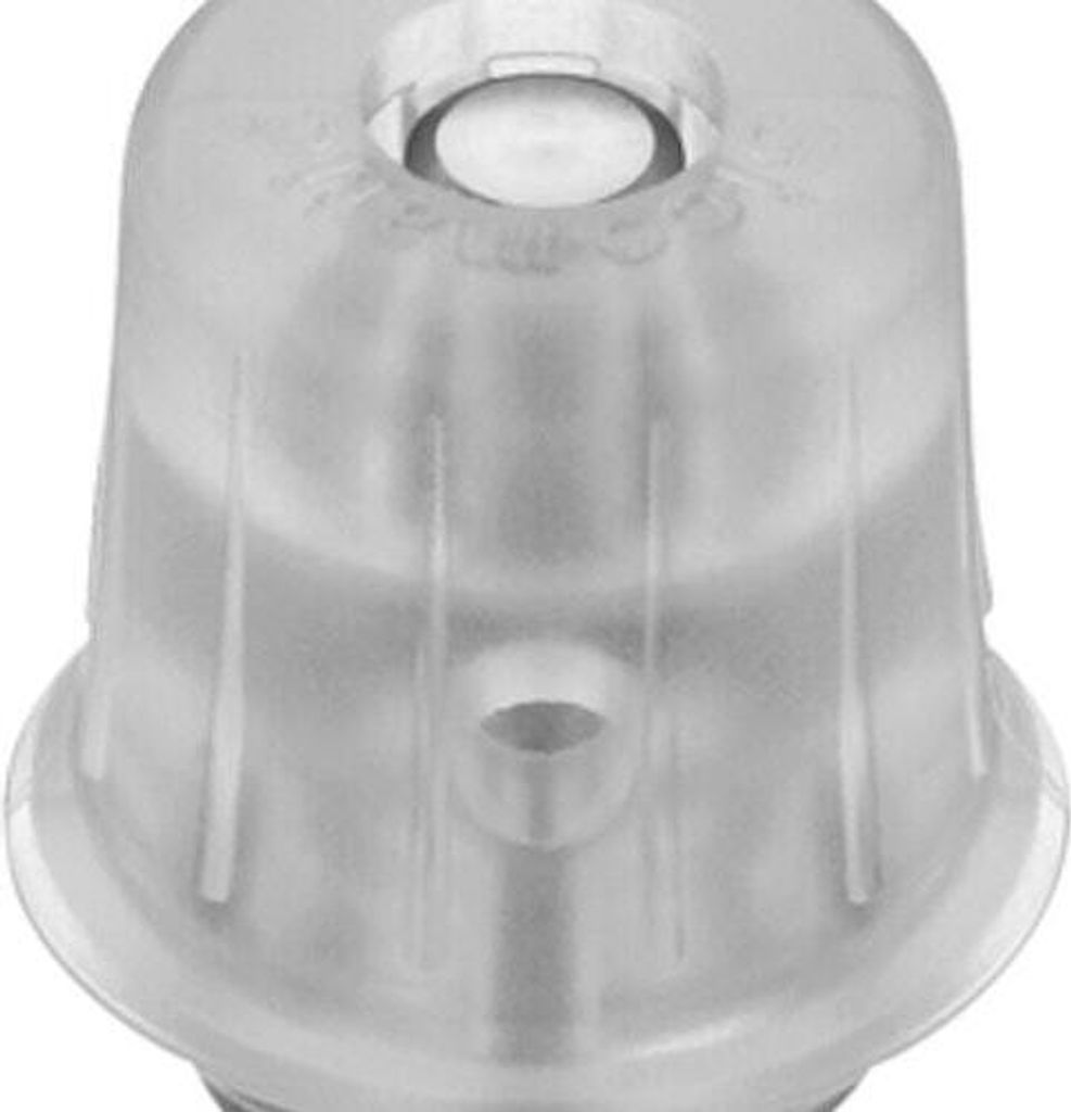 A close-up studio shot of a clear plastic valve component.