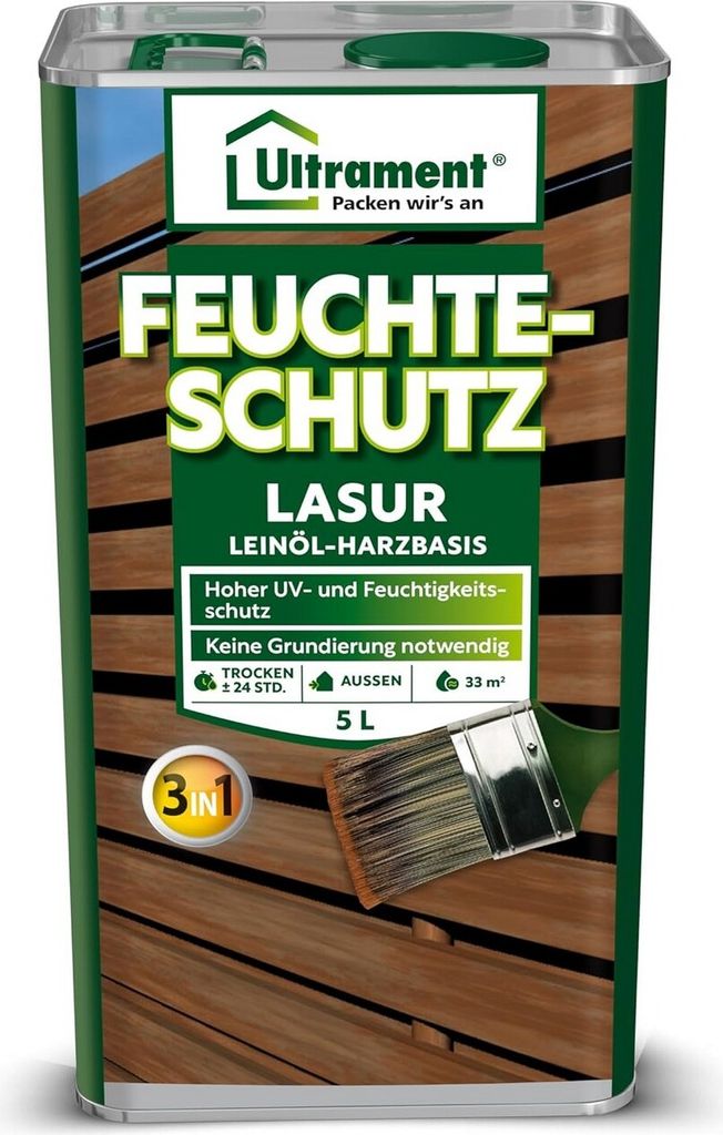 ULTRAMENT Feuchteschutz-Lasur 3-in-1, teak, Holzschutz, Dünnschichtlasur, Leinöl-Harzbasis, 5 Ltr