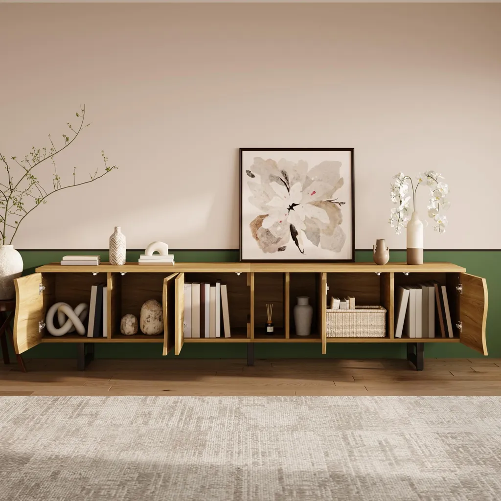 Meuble TV Bas 191 cm Design Unique, Support TV avec 5 Compartiments Fermés - 8