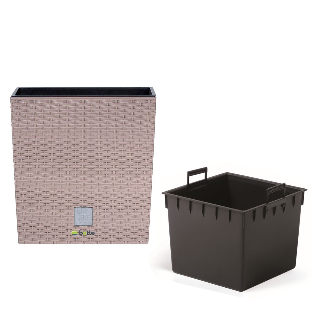 Blumenkübel 32 L Rattan-Optik Mocca Hellbraun Pflanzkübel h. 32,5 cm mit Innenkasten 21 L quadratisch Übertopf aus Kunststoff