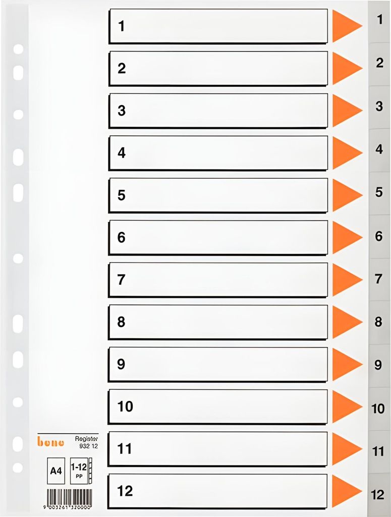 bene Ordnerregister Vollformat 1-12 grau 12-teilig, 1 Satz