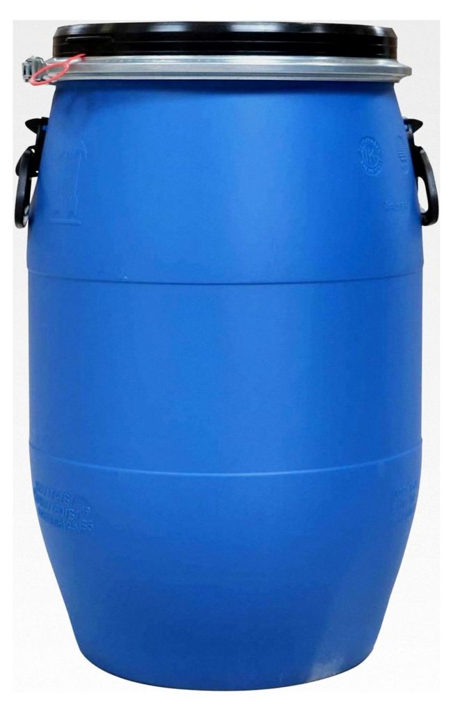 Kunststofffass 60 Liter - UN-Zulassung - mit breiter Einfüllöffnung, Deckel und Spannring