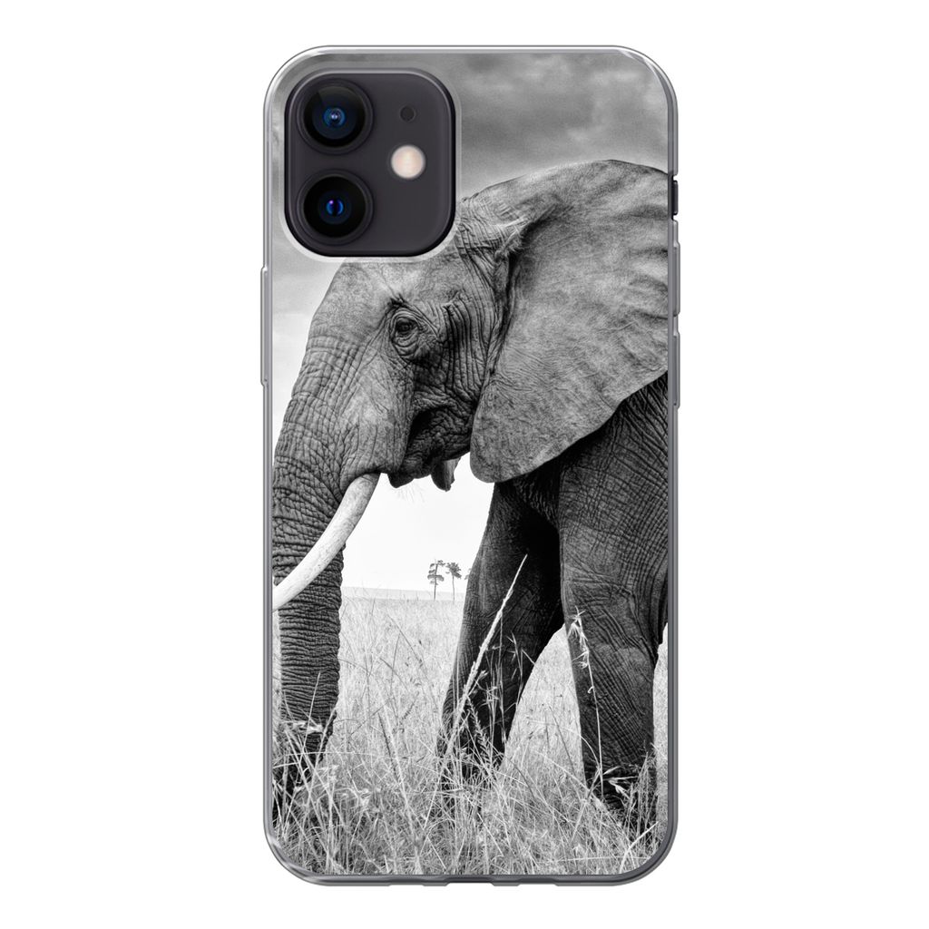 MuchoWow Handyhülle Schutzhülle Hülle für iPhone 12 Elefant - Gras - Tiere - Schwarz und weiß Silikon Softcase Handy Hülle - Schutzhülle