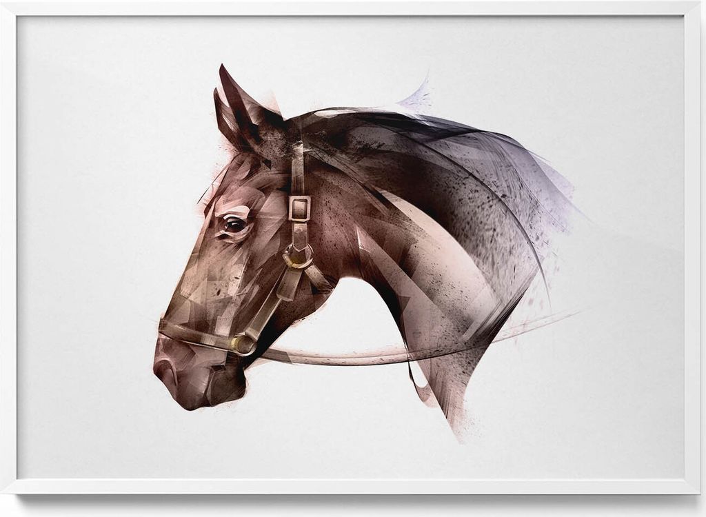 Gemaltes Profil eines Pferdes– Wandbild mit Rahmen – Gerahmtes Bild – Wanddekoration – 100x70 cm – Weiß Rahmen