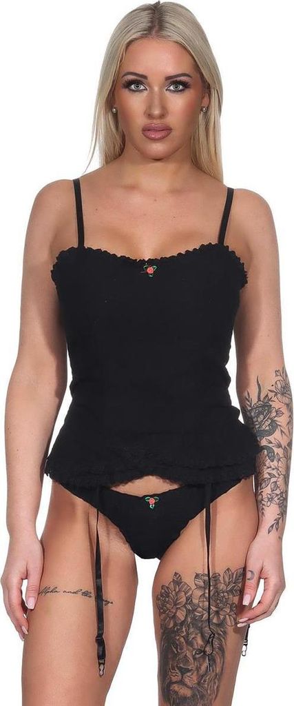 Damen kurzes Negligé Nachtkleid Spitze mit String; Schwarz/M/38