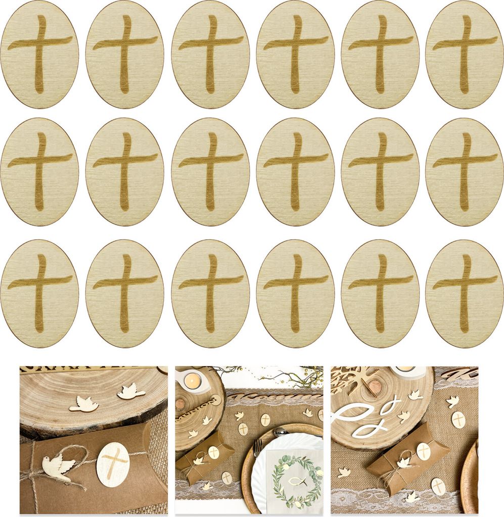 Oblique Unique 18 Holzscheiben mit Kreuz Motiv Deko Kreuze als Streudeko Tischdeko für Taufe Kommunion Konfirmation - natur